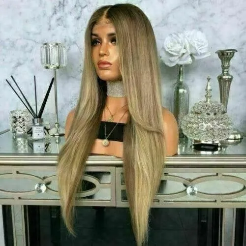 Luxury Light Brown Blonde Balayage Highlight 100% Human Hair Swiss 13x4 Lace Front Wig Highlight U-Part, 360 or Full Lace Upgrade Available