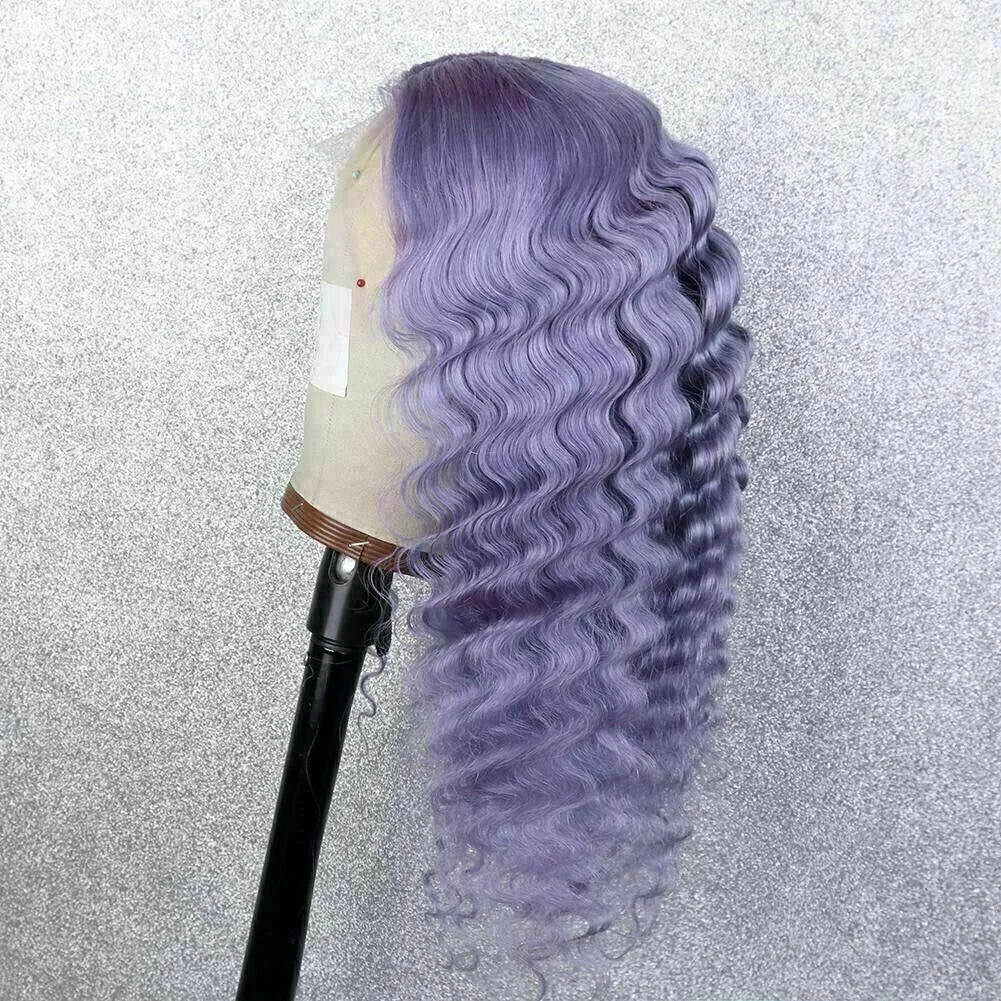 Luxury Remy Deep Wave Purple Lilac Lavender 100% Human Hair Swiss 13x4 Lace Front Wig Colourful U-Part, 360 or Full Lace Upgrade Available