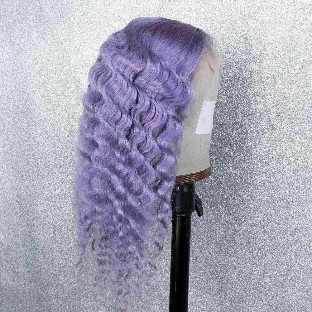 Luxury Remy Deep Wave Purple Lilac Lavender 100% Human Hair Swiss 13x4 Lace Front Wig Colourful U-Part, 360 or Full Lace Upgrade Available