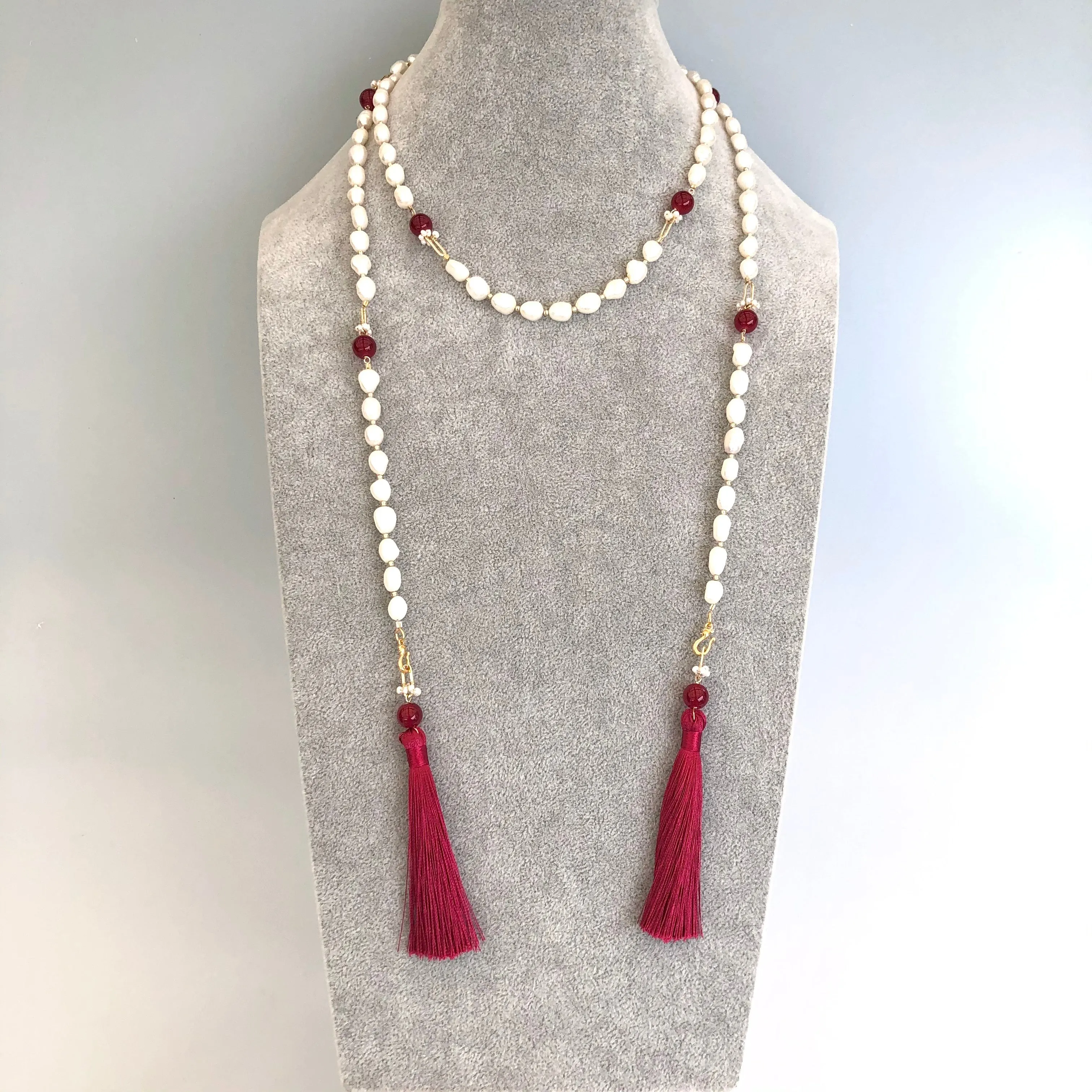 Multi-style Baroque Pearl Lariat Necklace Red Tassel Set