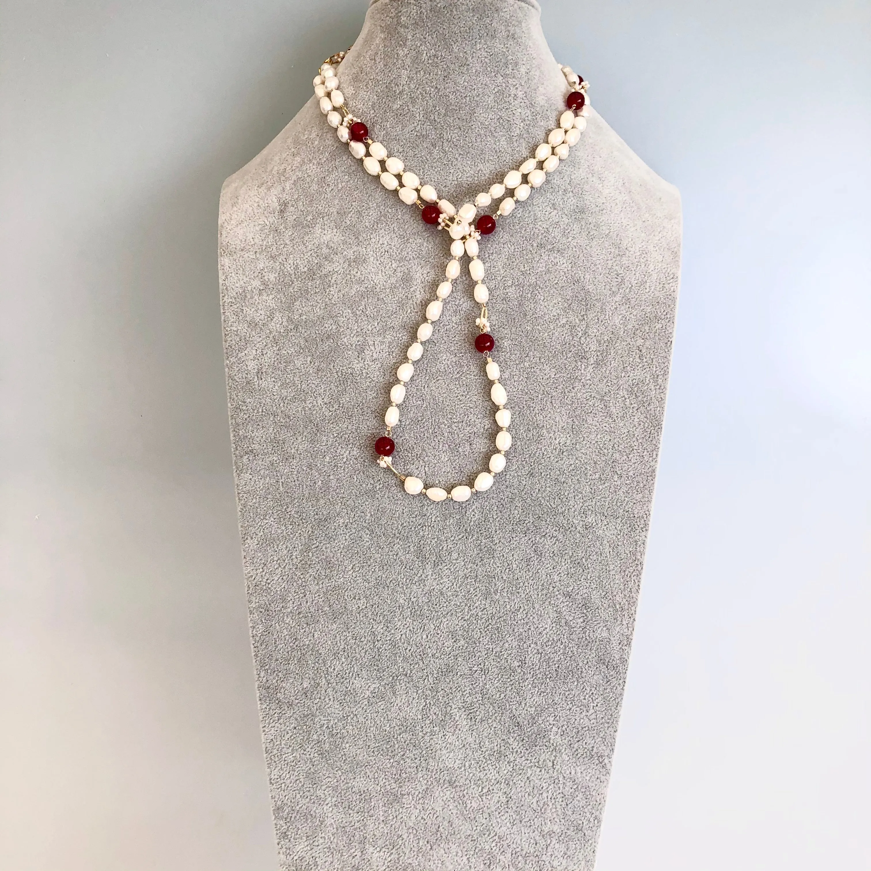 Multi-style Baroque Pearl Lariat Necklace Red Tassel Set