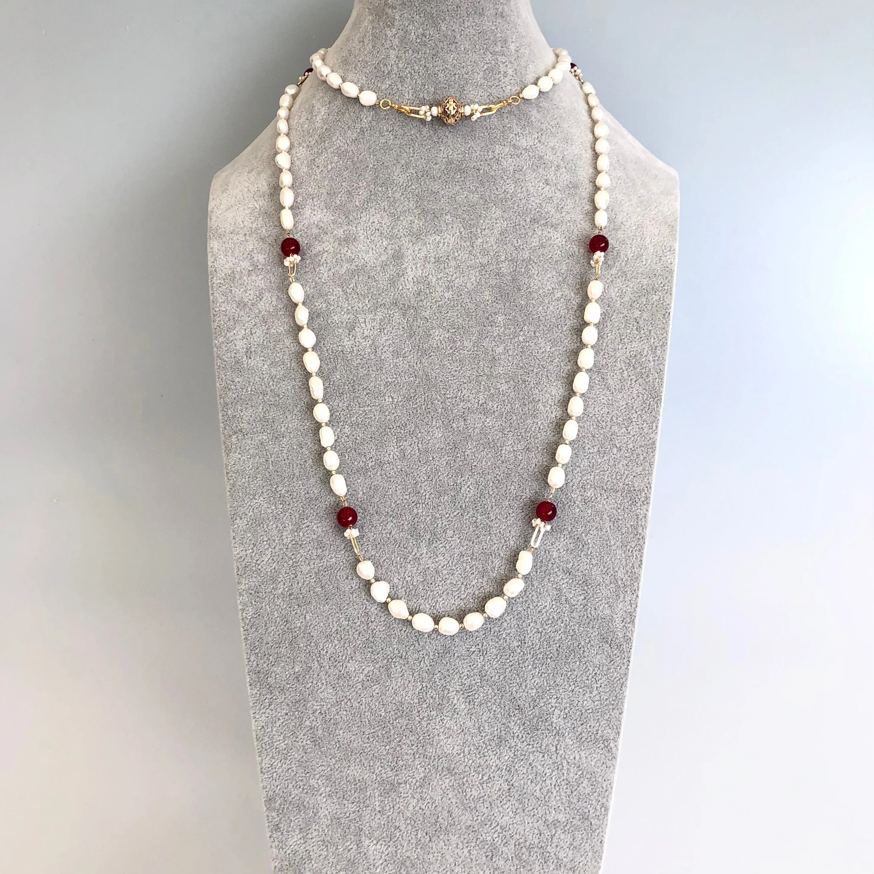 Multi-style Baroque Pearl Lariat Necklace Red Tassel Set