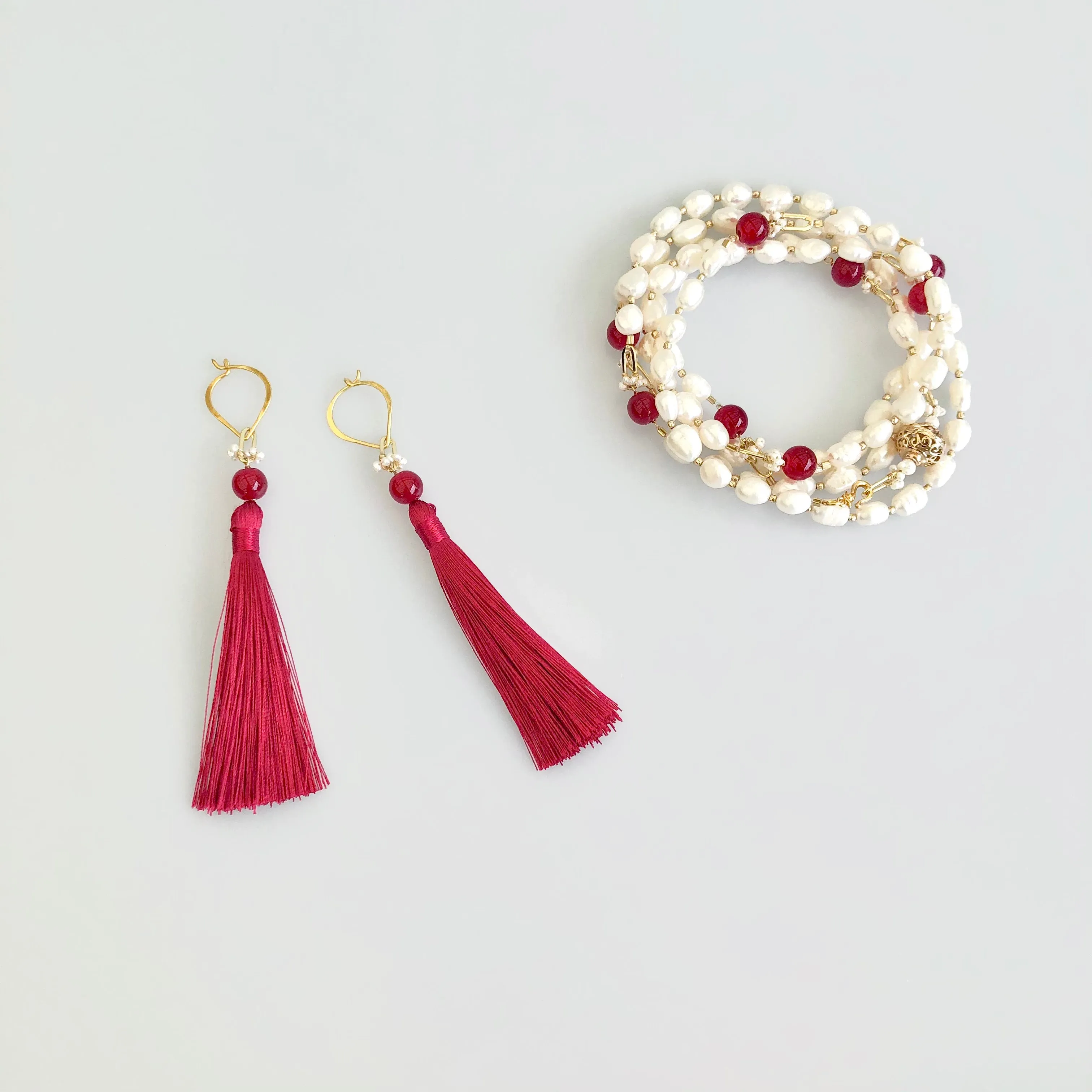 Multi-style Baroque Pearl Lariat Necklace Red Tassel Set