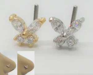 Nose Ring Stud CZ Gem Crystal Butterfly Nose Stud 20g 20 gauge Nose Jewelry Nostril Silver Gold Nose Stud L Shape Nose Stud