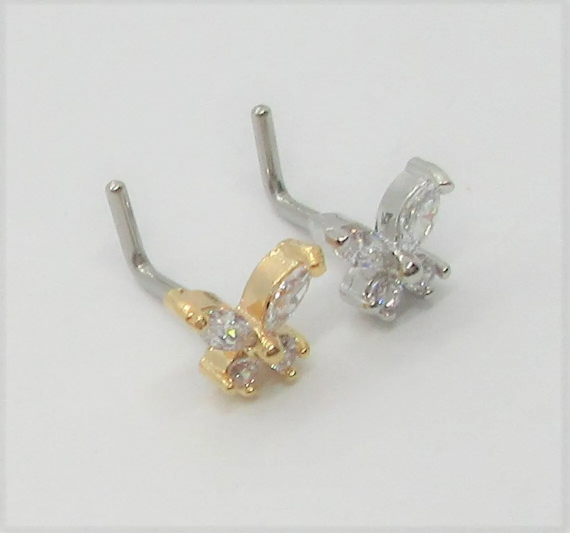 Nose Ring Stud CZ Gem Crystal Butterfly Nose Stud 20g 20 gauge Nose Jewelry Nostril Silver Gold Nose Stud L Shape Nose Stud