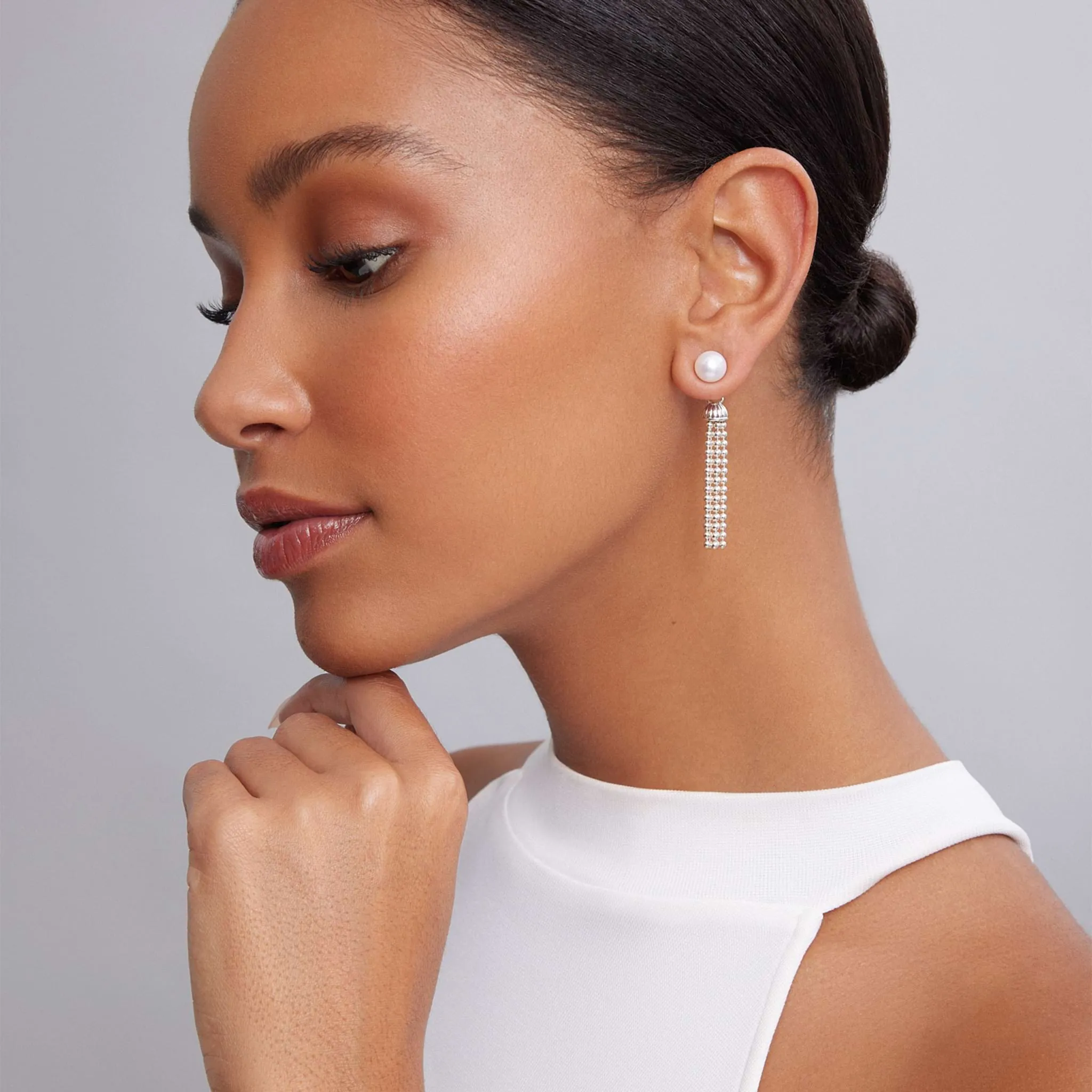 Signature Caviar Pearl Tassel Front-Back Drop Earrings