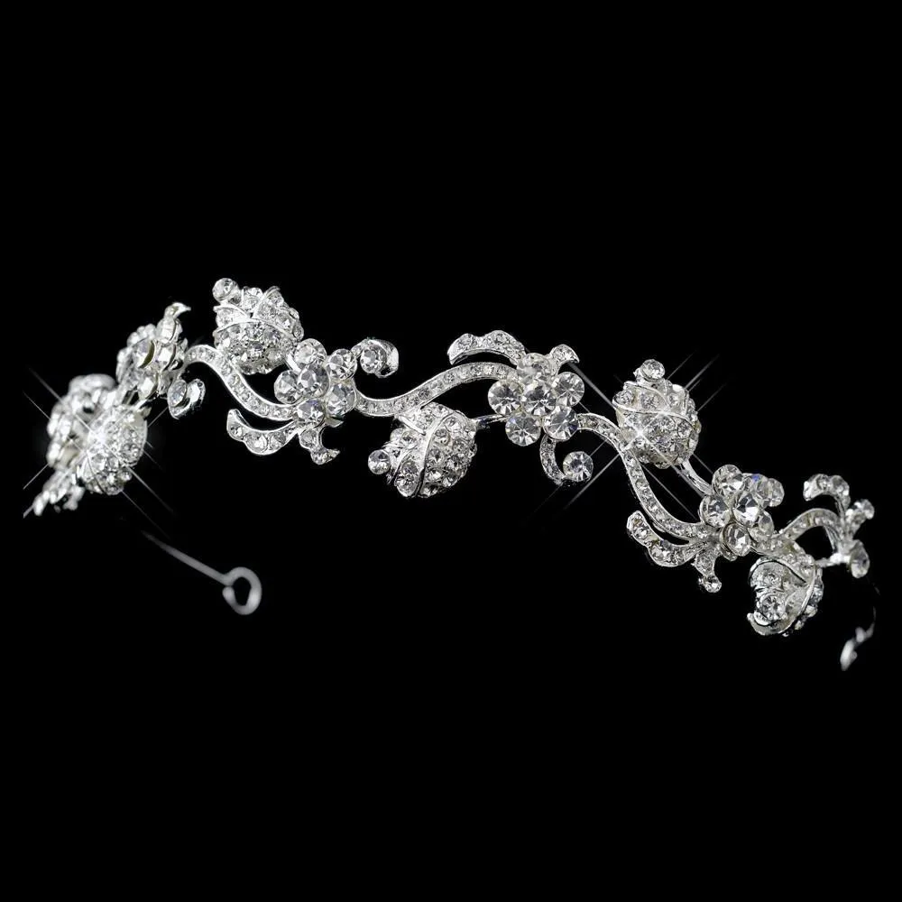 Silver Crystal Floral Rose Bud Swirl Headband