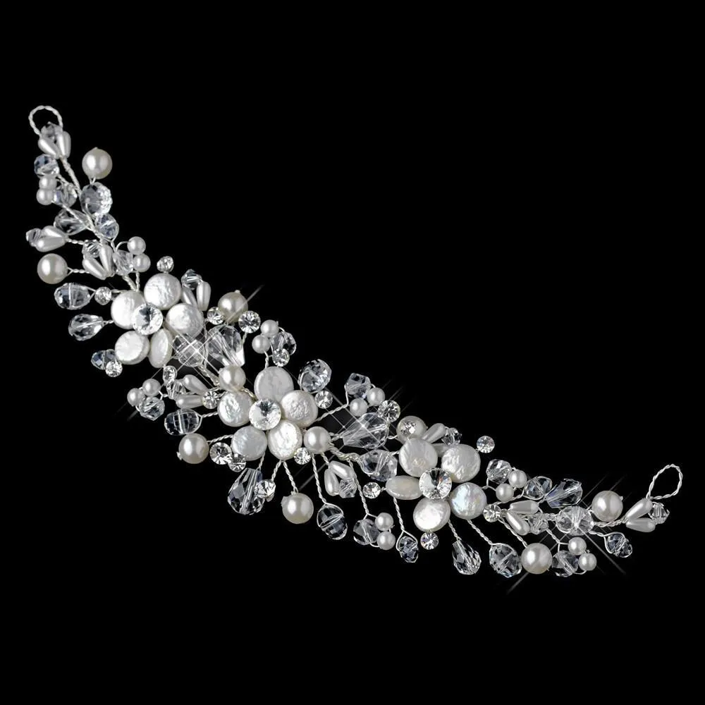 Silver Freshwater Coin Pearl, Swarovski Crystal Bead, Crystal & Sequin Flexible Headband