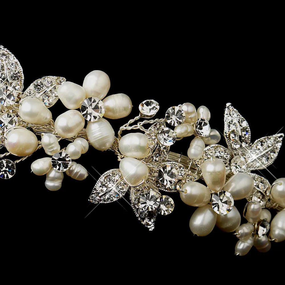 Silver Ivory Freshwater Pearl and Crystal Floral Bridal Headpiece