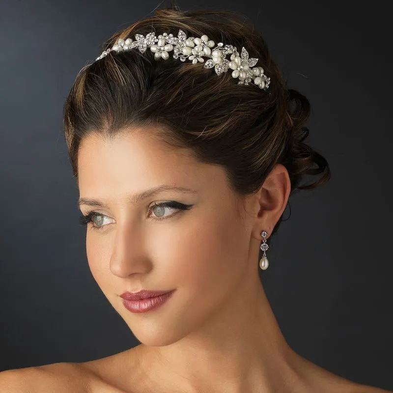 Silver Ivory Freshwater Pearl and Crystal Floral Bridal Headpiece