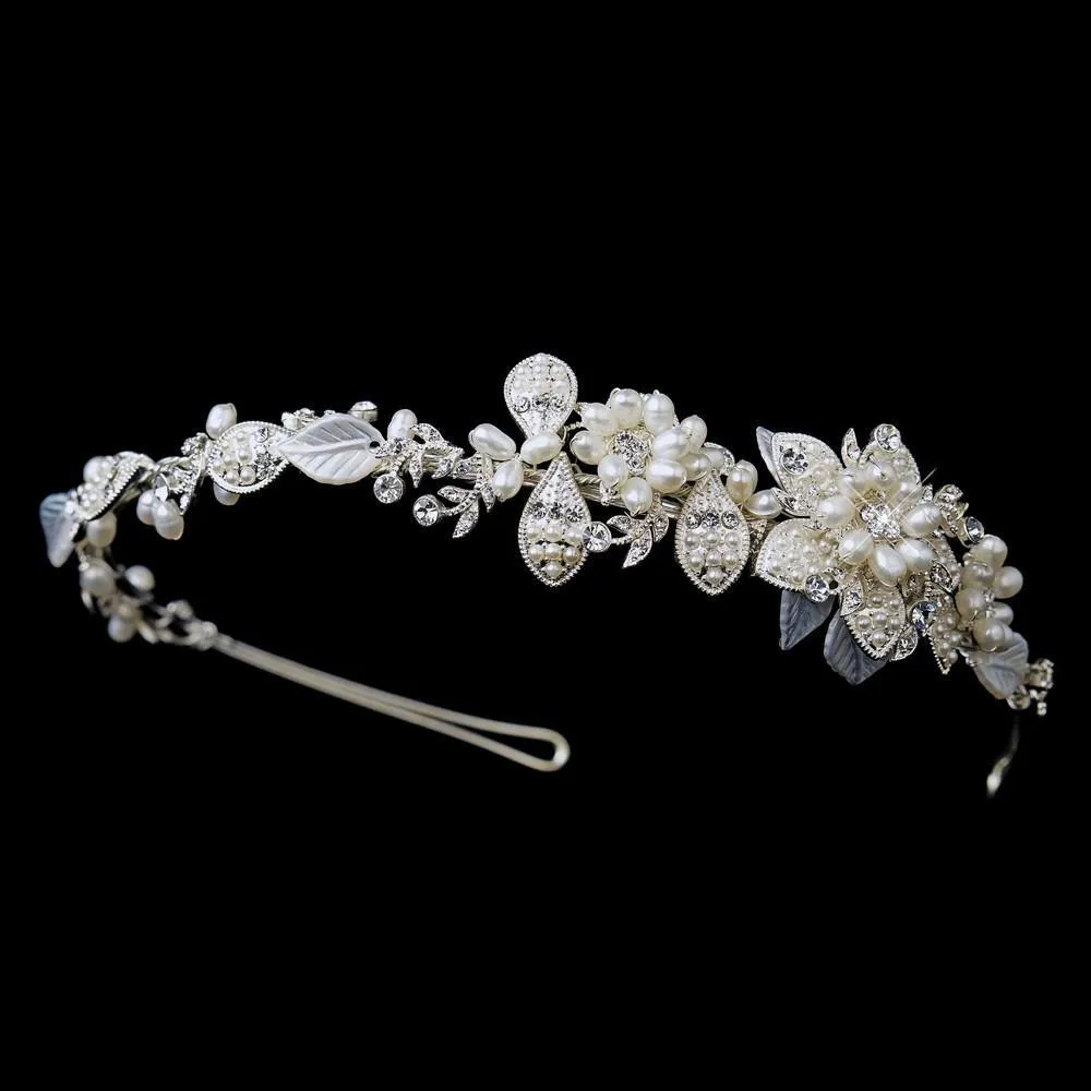 Silver Ivory Pearl & Crystal Floral Side Accented Bridal Headband