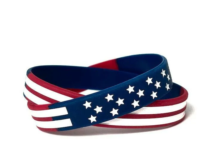 Stars and Stripes American Flag Rubber Bracelet Wristband - Adult 8"