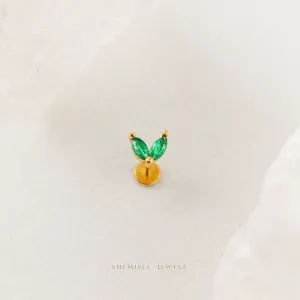 Tiny 2 Leaf Emerald Stone Threadless Flat Back Nose Stud, 20,18,16ga, 5-10mm, Unisex, Surgical Steel, SHEMISLI SS548