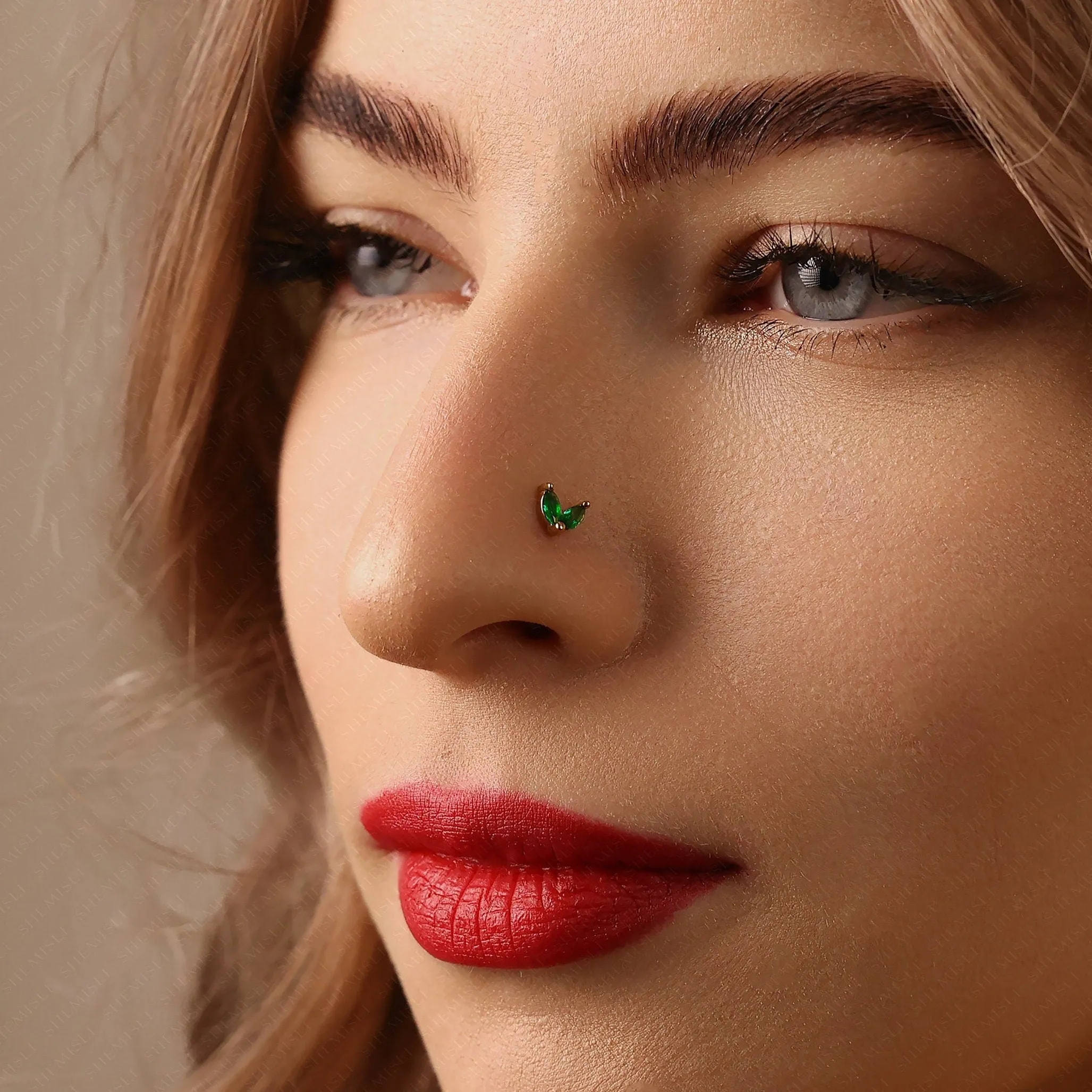 Tiny 2 Leaf Emerald Stone Threadless Flat Back Nose Stud, 20,18,16ga, 5-10mm, Unisex, Surgical Steel, SHEMISLI SS548