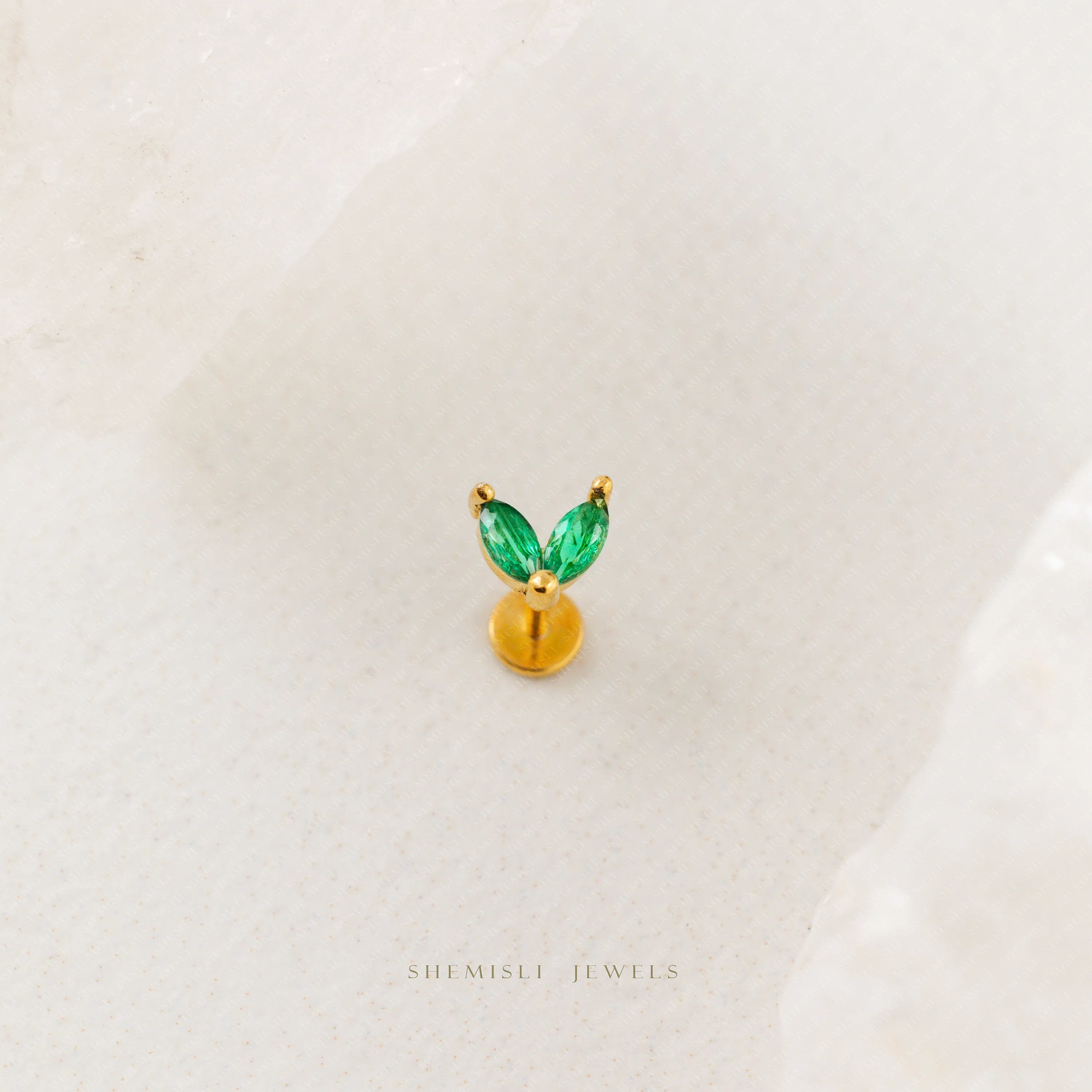 Tiny 2 Leaf Emerald Stone Threadless Flat Back Nose Stud, 20,18,16ga, 5-10mm, Unisex, Surgical Steel, SHEMISLI SS548