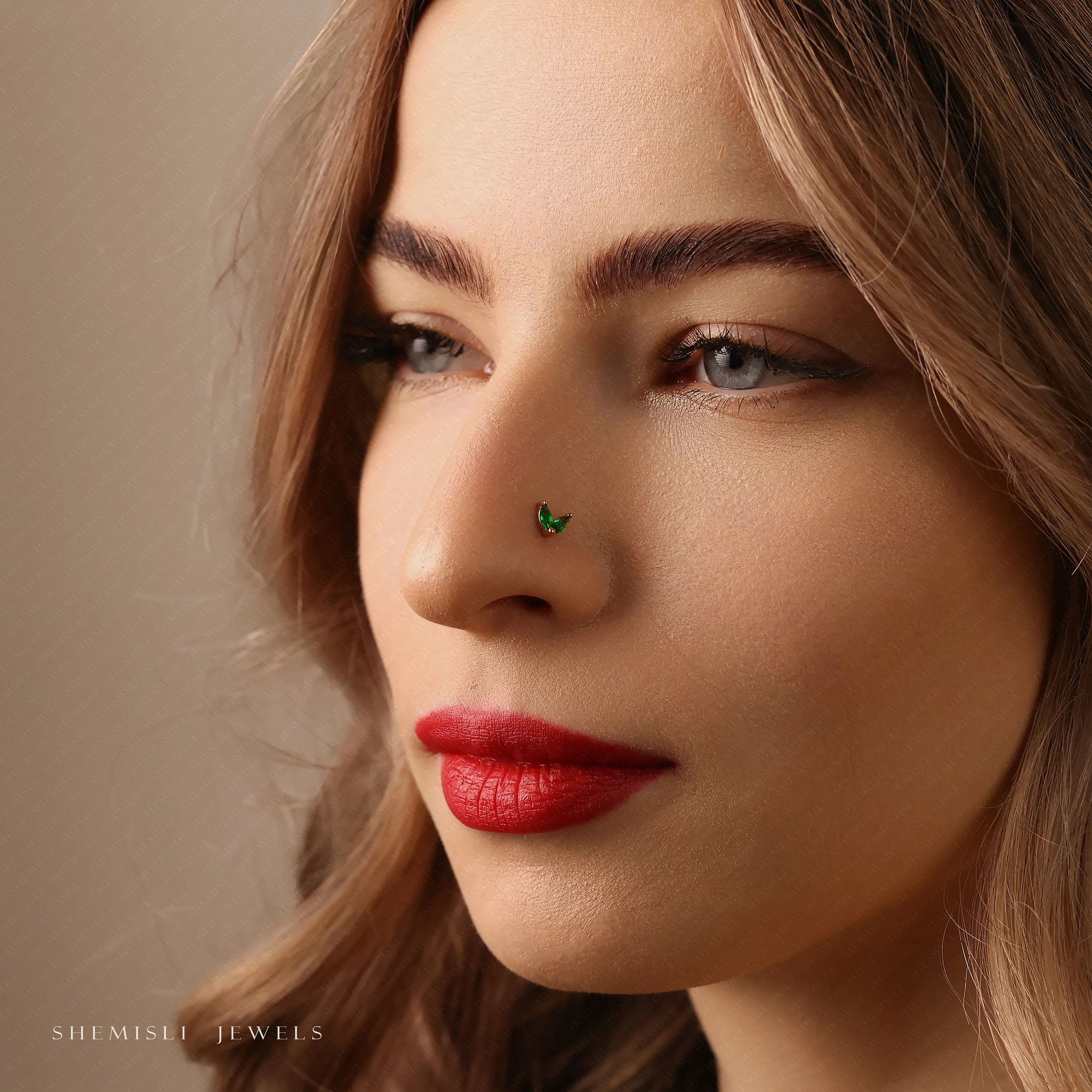 Tiny 2 Leaf Emerald Stone Threadless Flat Back Nose Stud, 20,18,16ga, 5-10mm, Unisex, Surgical Steel, SHEMISLI SS548