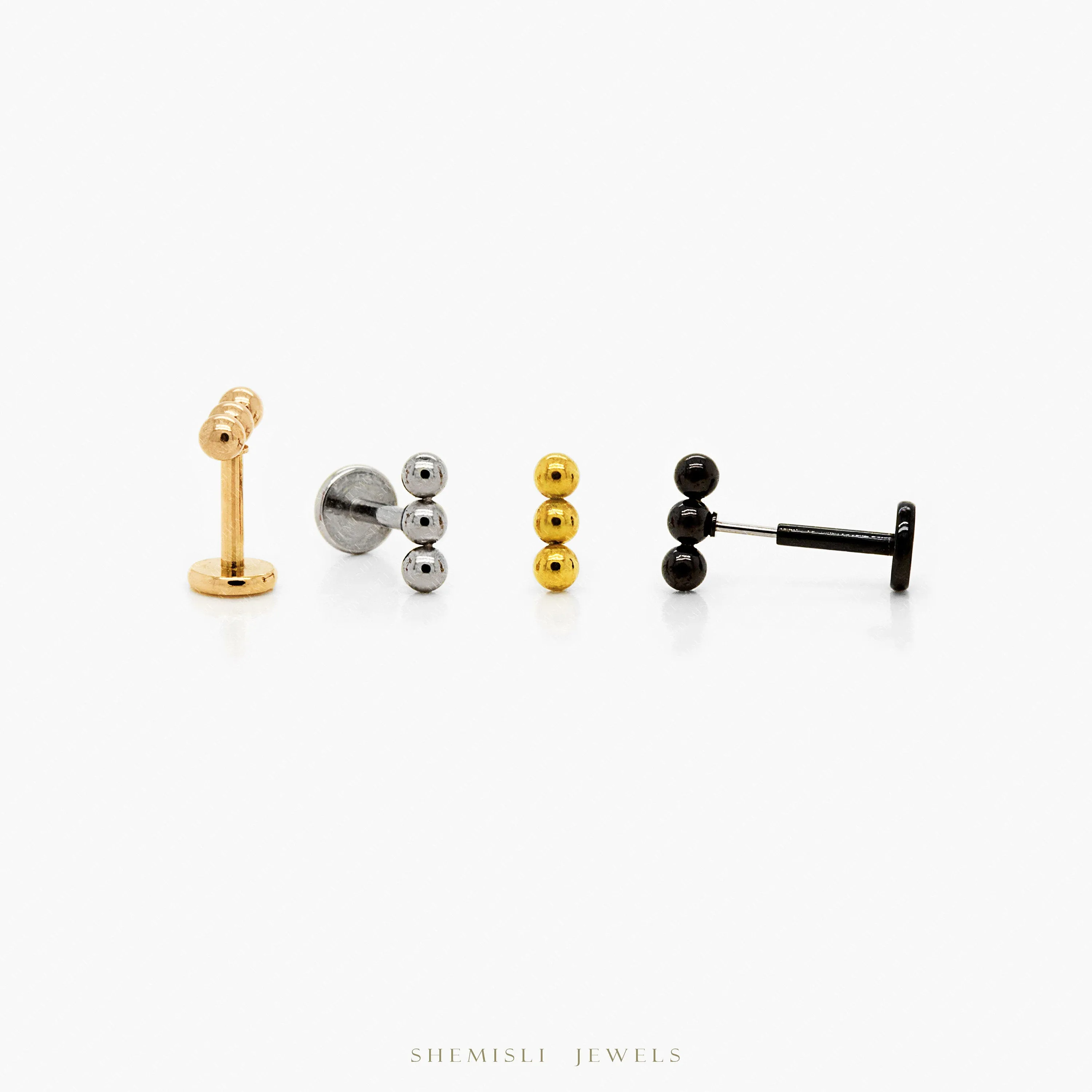 Tiny 3 beads Threadless Flat Back Nose Stud, 20,18,16ga, 5-10mm Unisex, Surgical Steel SHEMISLI SS593