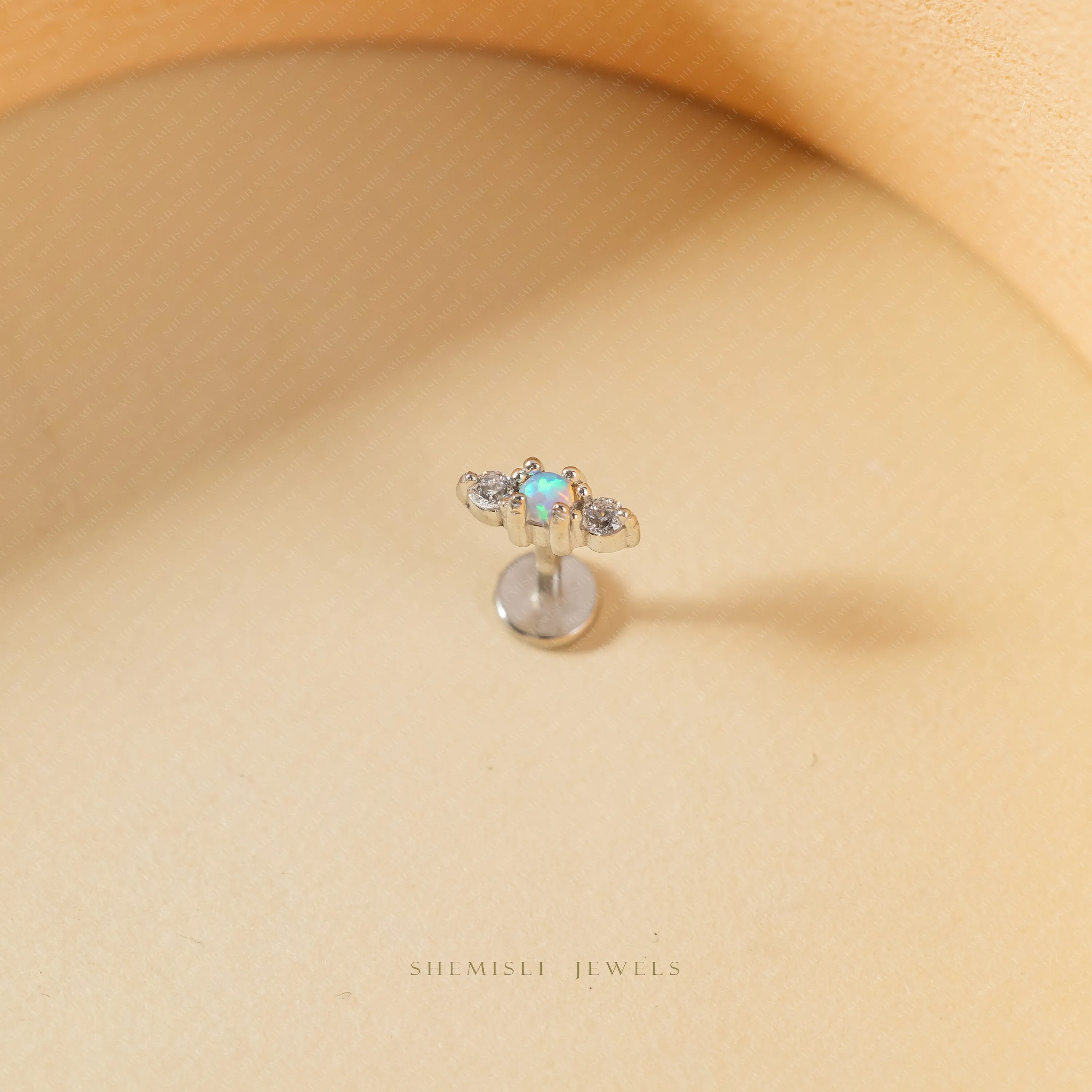 Tiny 3 Stones, Opal and White Stones, Threadless Flat Back Nose Stud, 20,18,16ga, 5-10mm Unisex, Surgical Steel SHEMISLI SS895