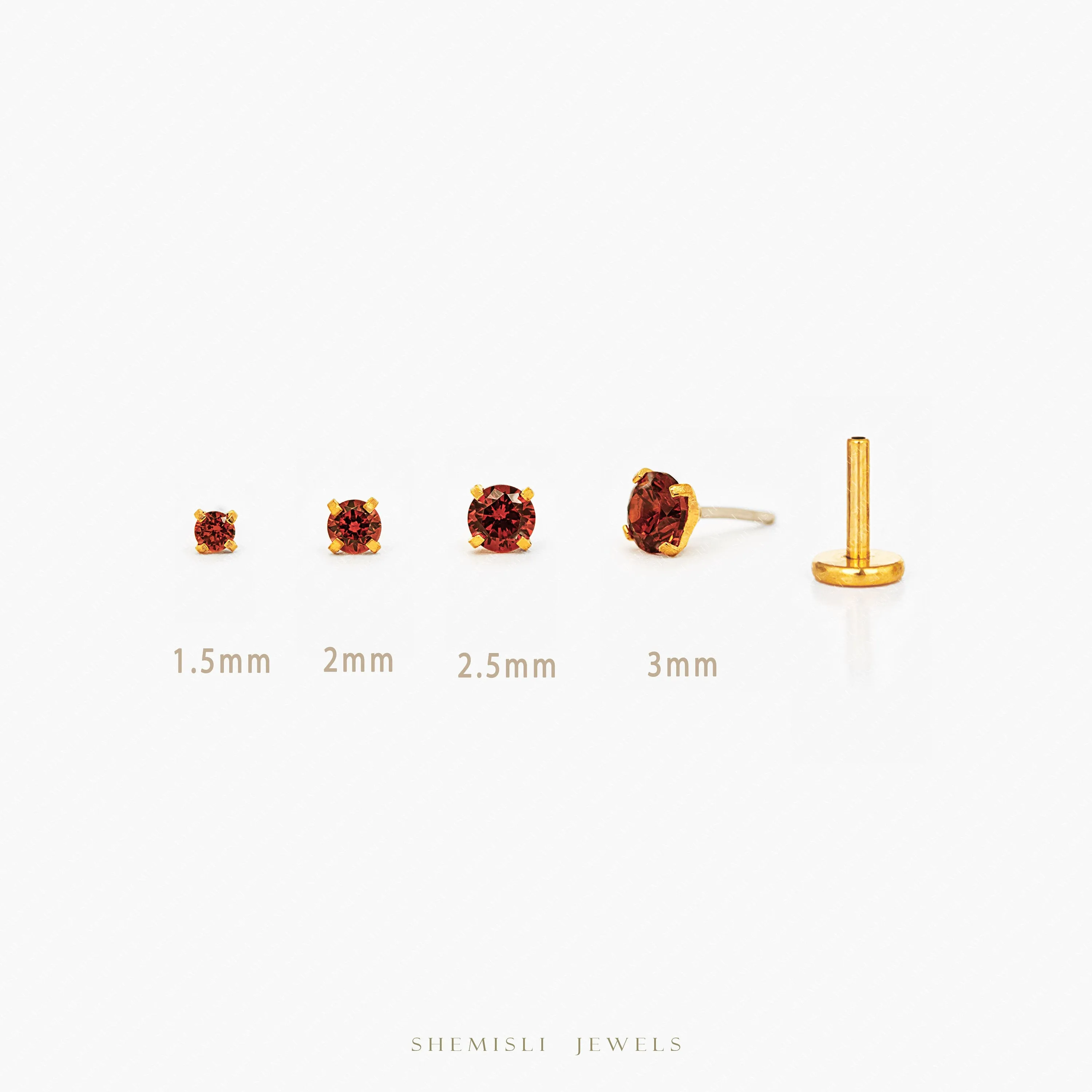 Tiny Garnet Threadless Flat Back Nose Stud, January Birthstone, 20,18,16ga, 5-10mm, Unisex, Surgical Steel, SS599